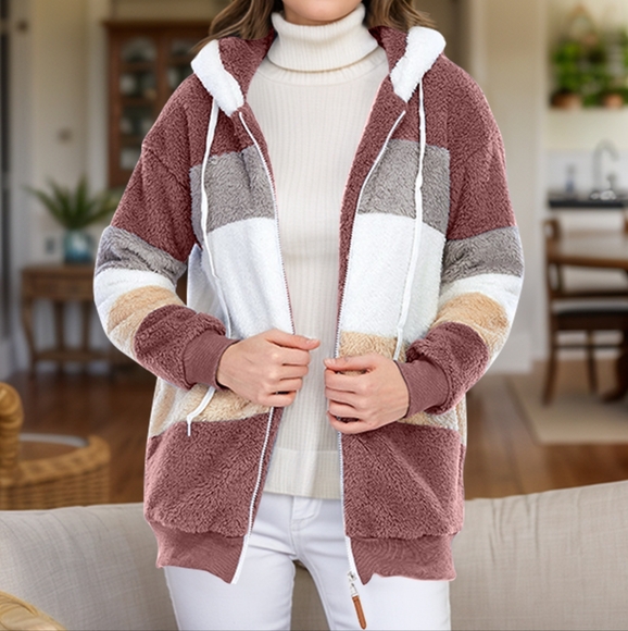 Everleigh Color Block Sherpa Hoodie - Dusty Pink - Picture 2 of 4